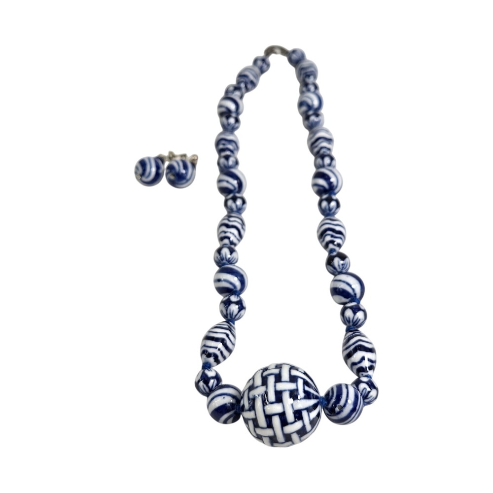 Blue Ceramic Porcelain Basket Weave Bead‎ Necklace Earrings Set Coco 925 - Picture 8 of 9